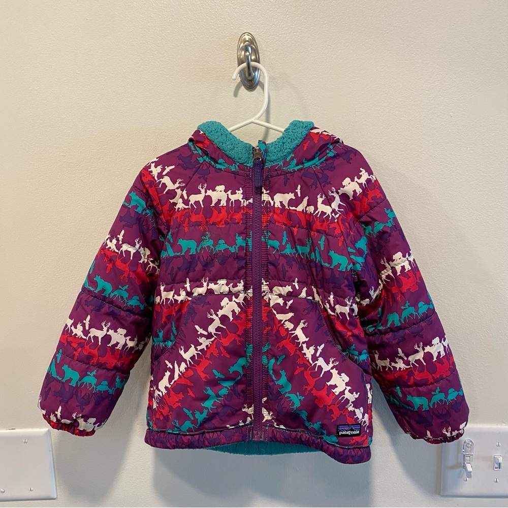 Patagonia Kids Puffer Jacket in Purple, Teal & Red with White Animal Print